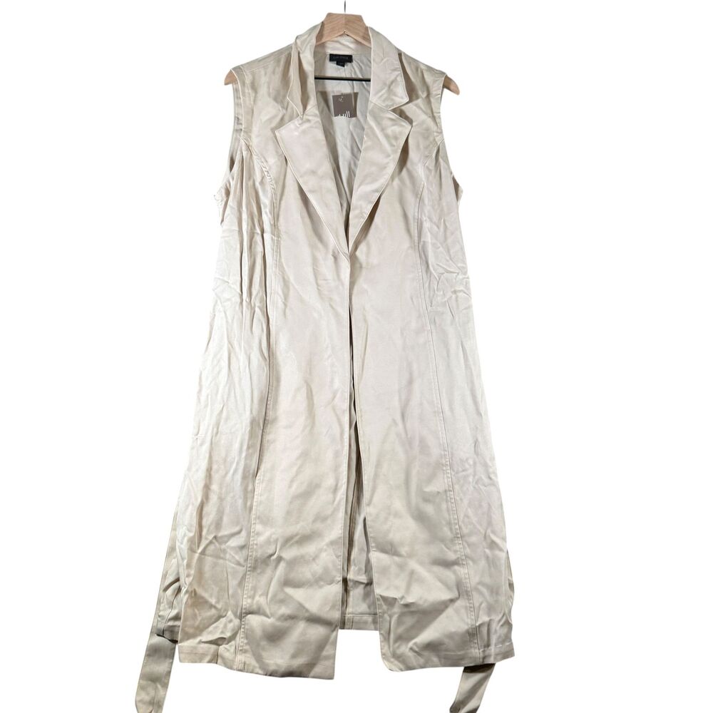 J Jill Wearever Trench Vest XL Oatmeal Longline Open Sleeveless Tie Waist Pocket - Picture 5 of 11